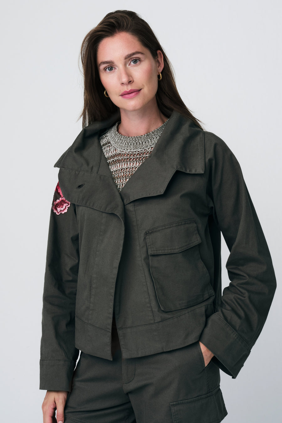 Twill utility embroidery jacket | Khaki