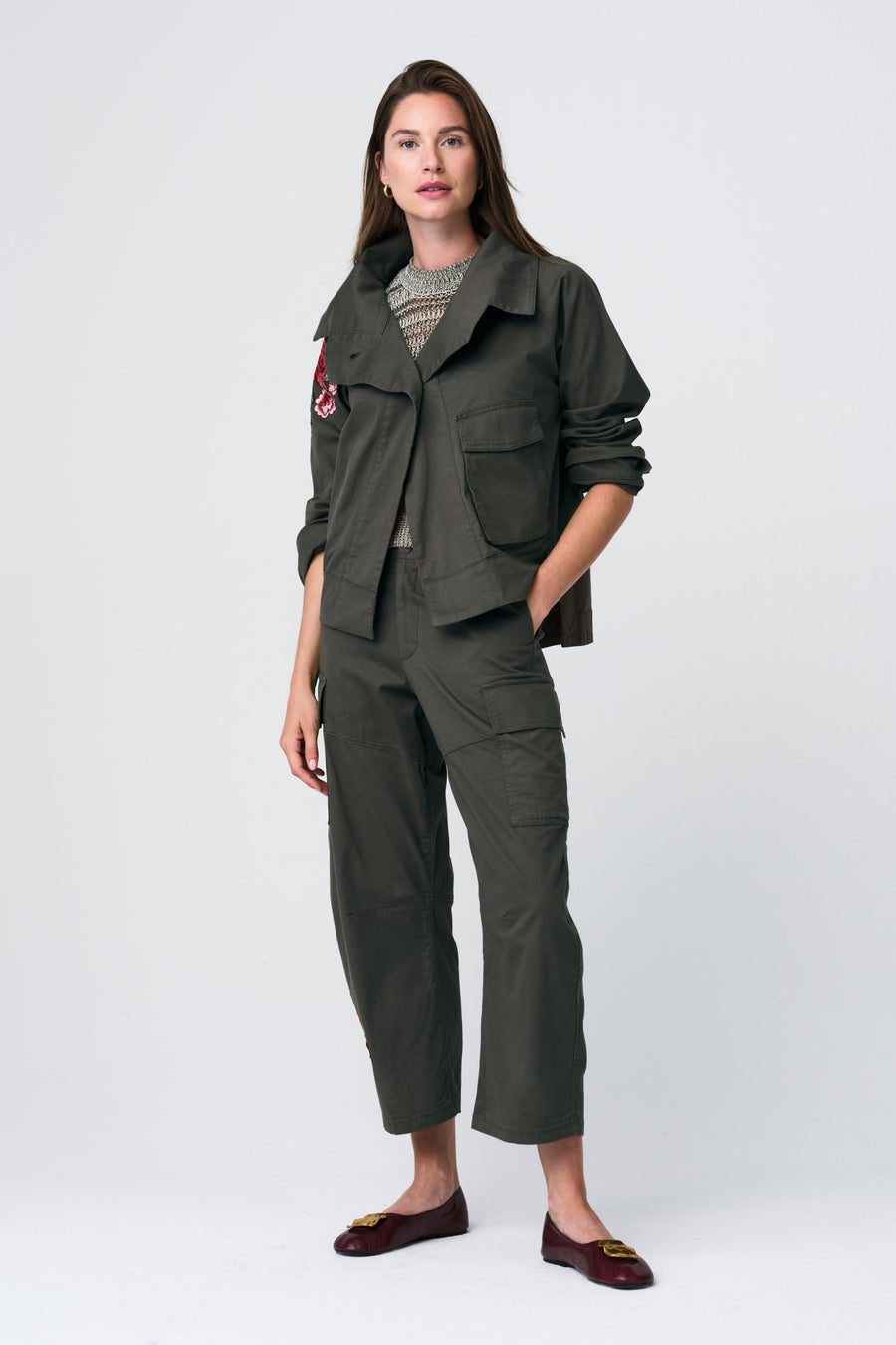 Twill utility embroidery pants | Khaki