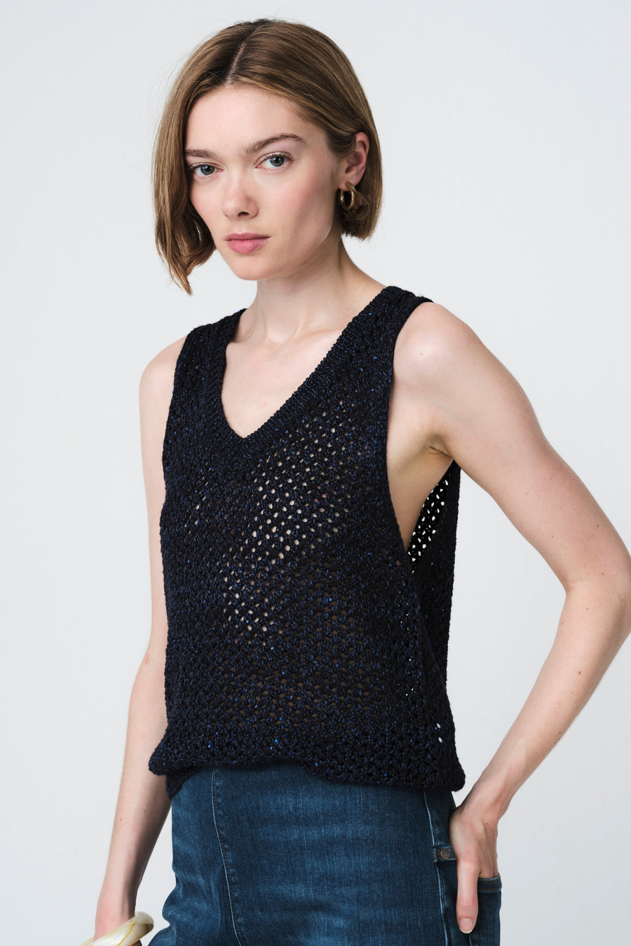 Openwork knit with sequins top 90841 | Blue Melange