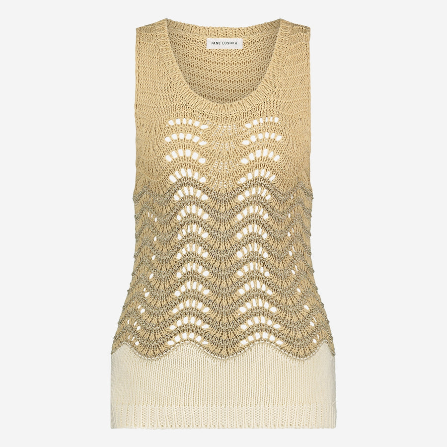 Openwork two-tone knit top 9061 | Beige Gold