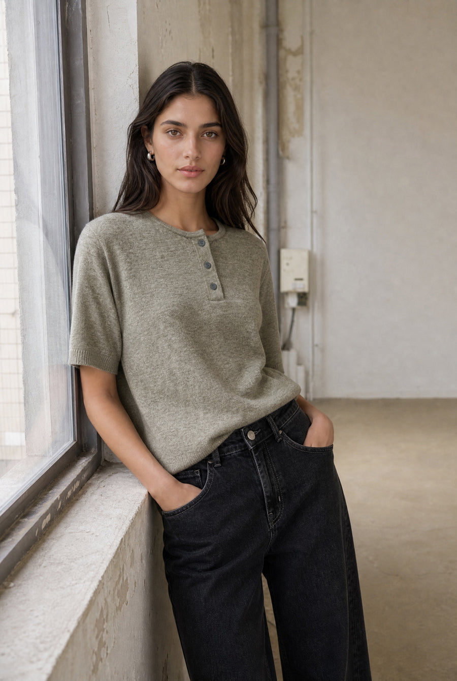 Moon plain knit top | Green Melange